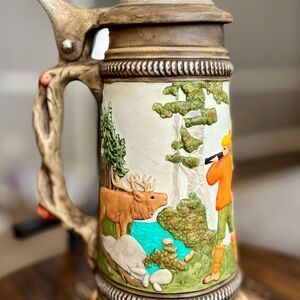 Vintage German Hunting Beer Stein | Pewter Lid | Branch Handle